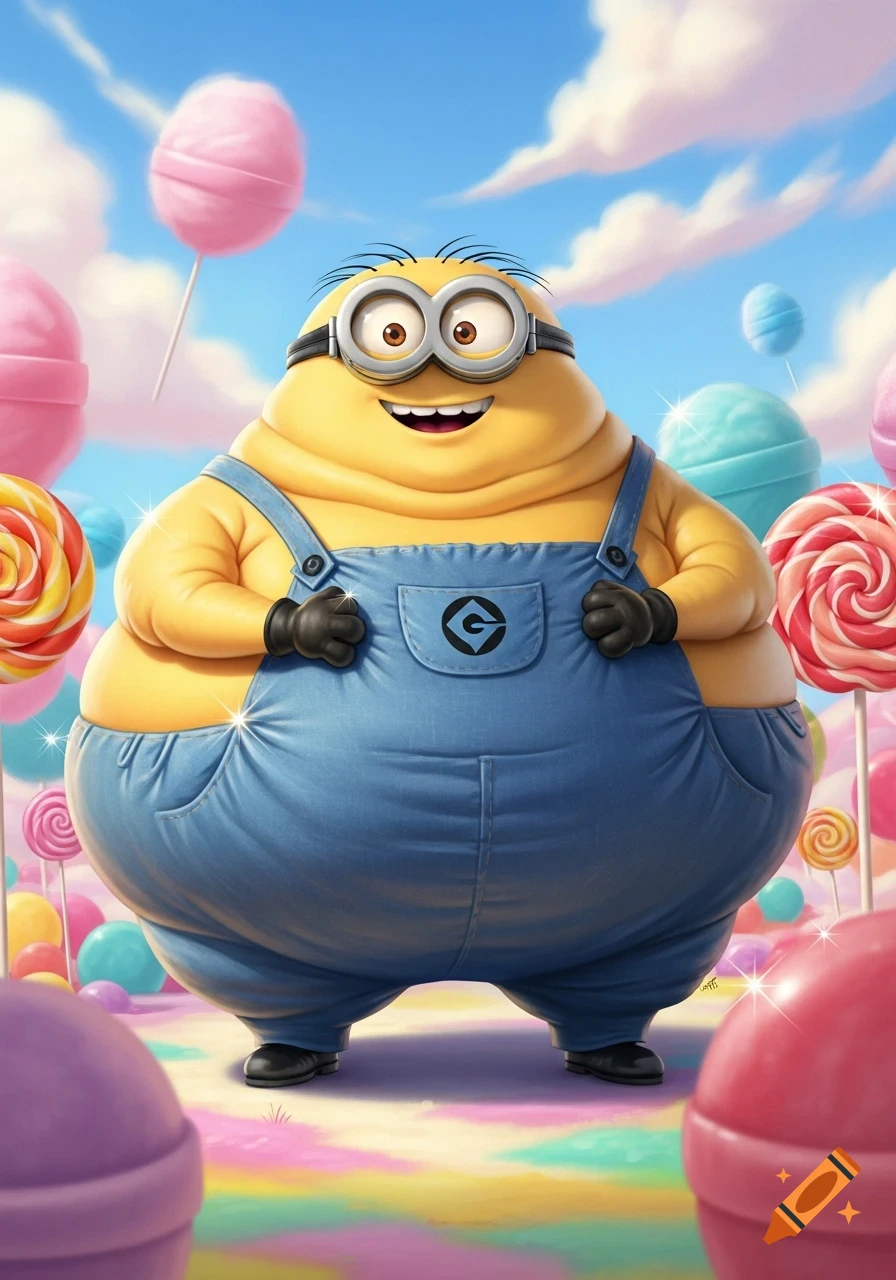 A morbidly obese Minion with multiple rolls of flab stands in a vibrant candy-filled landscape under a blue sky, smiling.