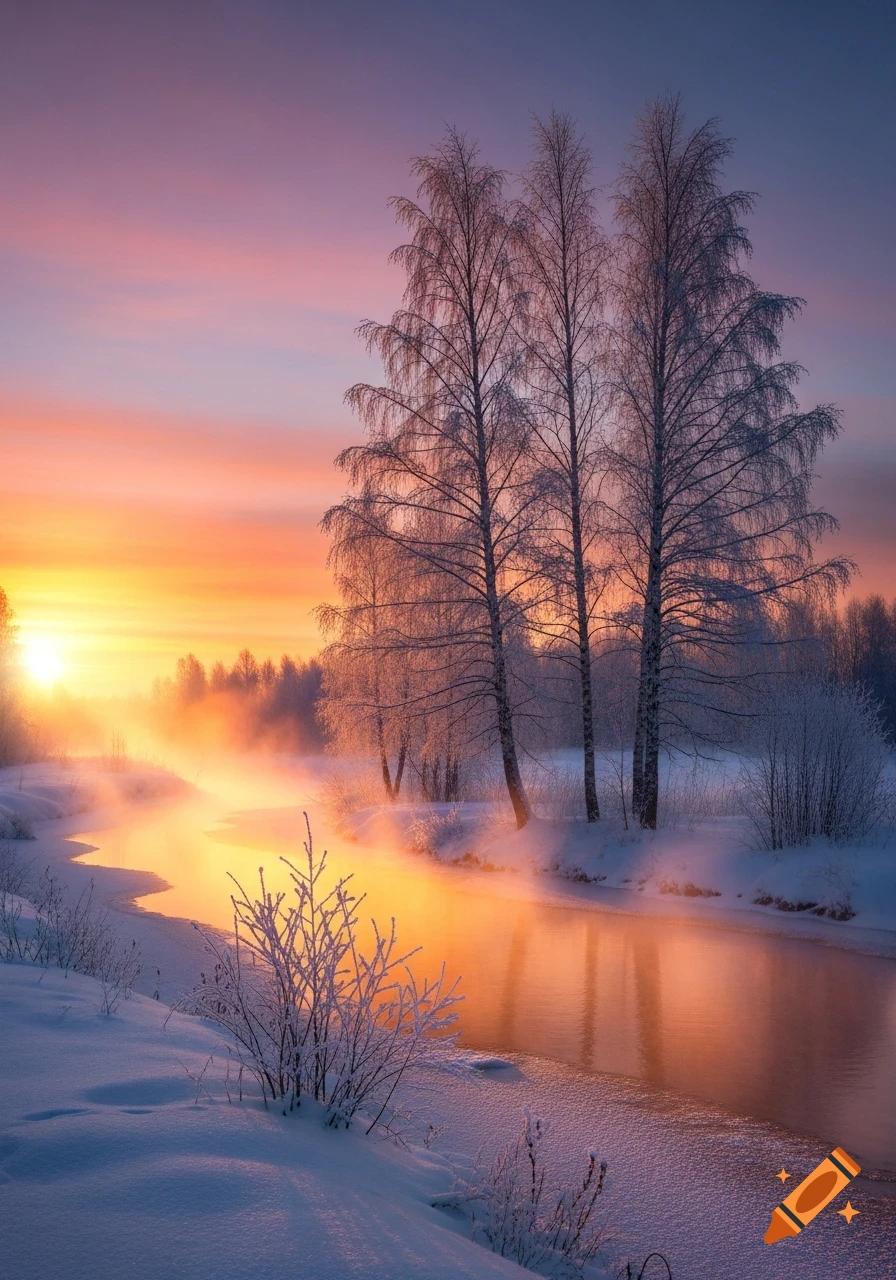 A photorealistic winter landscape at sunrise, featuring a misty river reflecting the orange and pink sky, surrounded by snow-covered banks and bare trees.