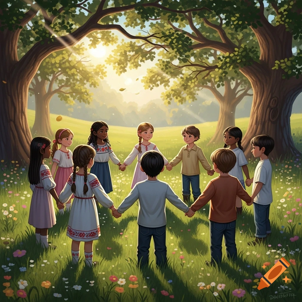 A diverse group of children holding hands in a circle in a sunny ...