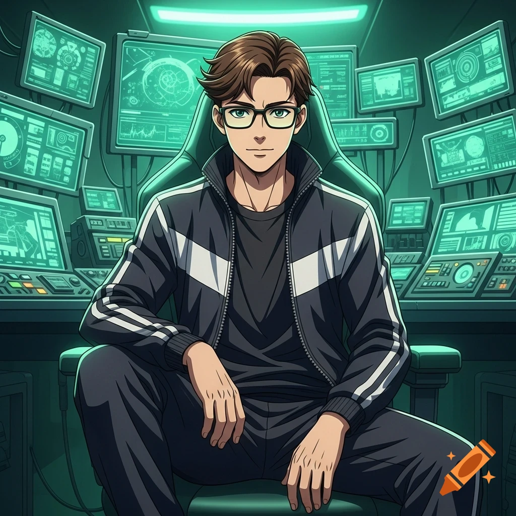 Anime man with glasses, brown wavy hair, in a tracksuit, sits before glowing green computer screens in a tech room.