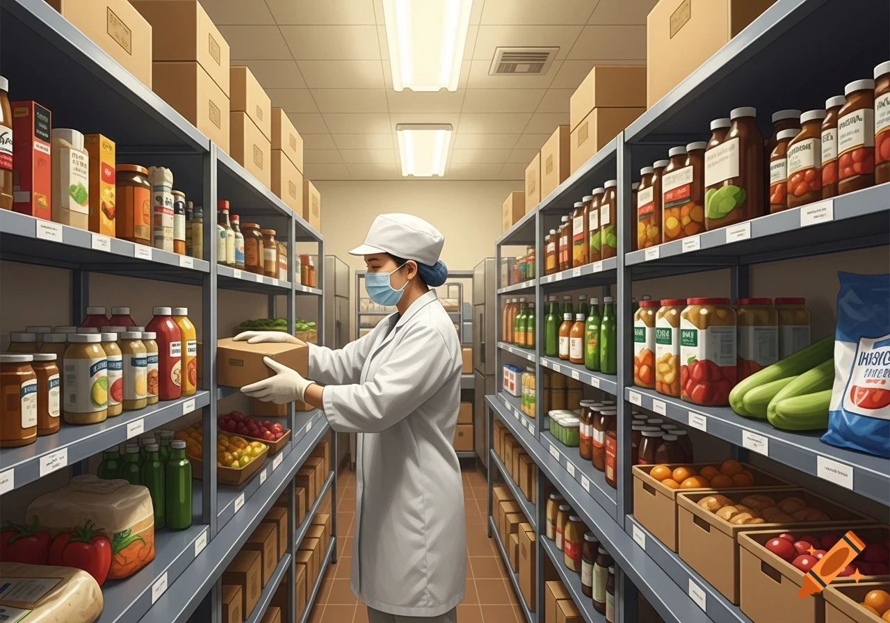 A person in a white lab coat, cap, and face mask organizes food boxes on shelves in a well-stocked food storage room.