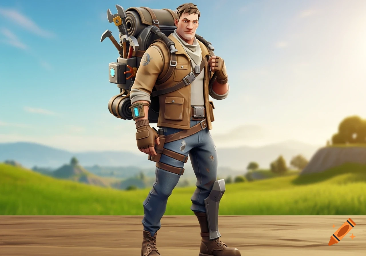 A stylized Fortnite character, dressed in a brown jacket, blue jeans, and a utility backpack, stands on a wooden surface against a sunny, green landscape.