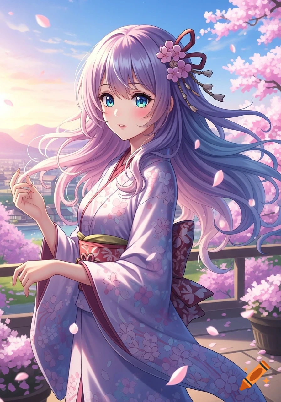 Anime girl with lavender hair in a floral kimono among cherry blossoms, cityscape at sunset.