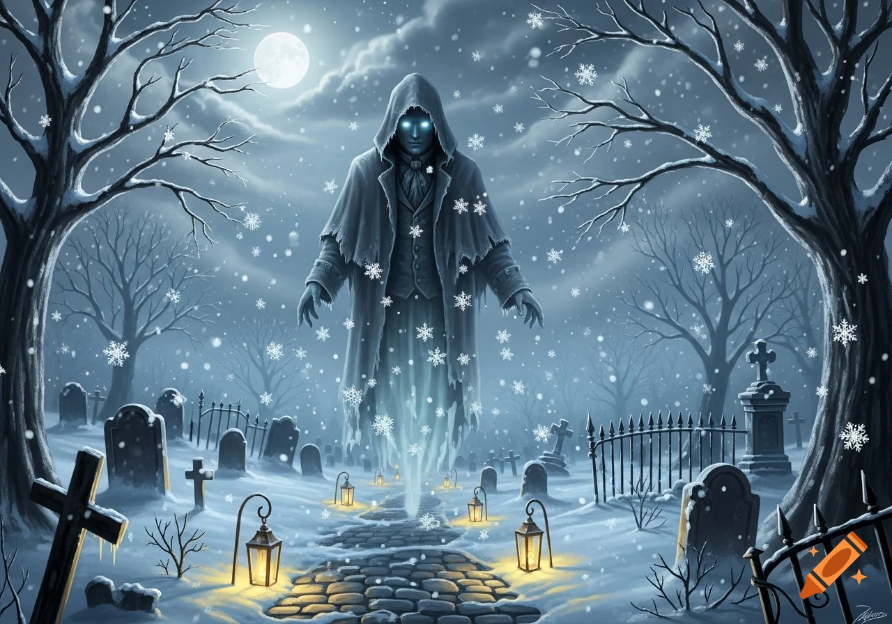 A glowing blue-eyed ghost in a tattered coat floats over a snowy cemetery path under a full moon, with lanterns and bare trees.