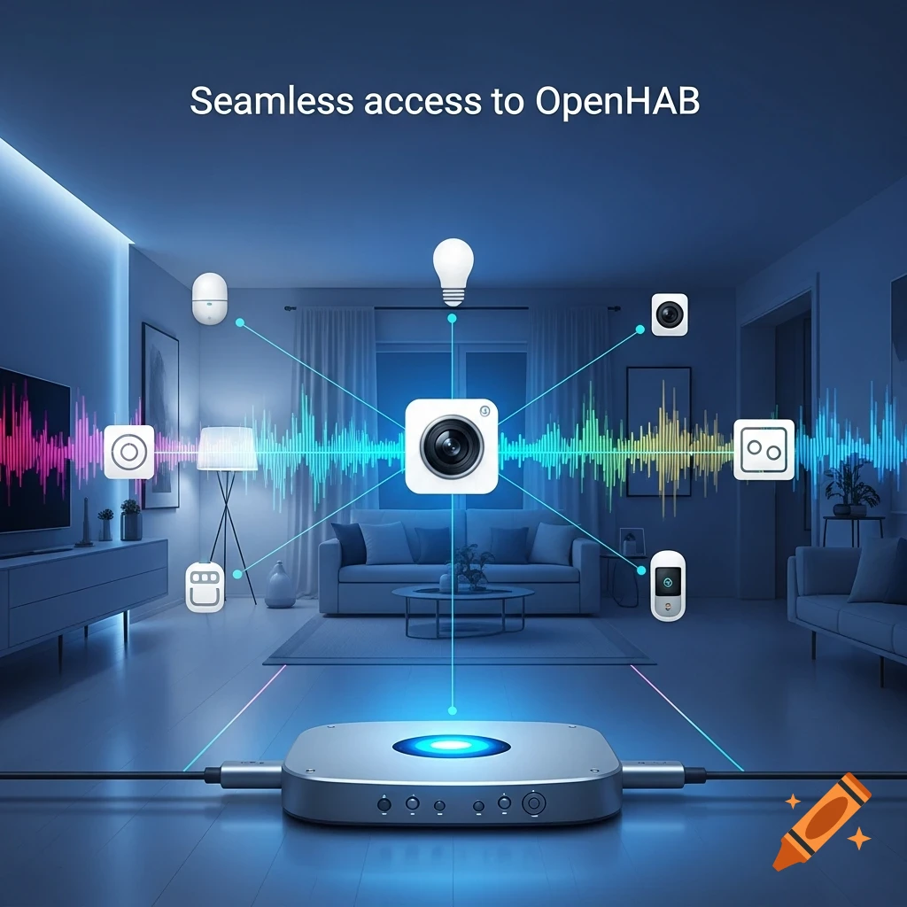 A smart home hub connecting to devices like cameras, lights, and sensors in a modern living room, with text 'Seamless access to OpenHAB'.