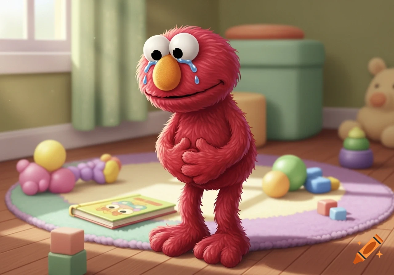 Red furry Elmo crying and holding his stomach in a sunlit nursery with toys on a patterned rug.