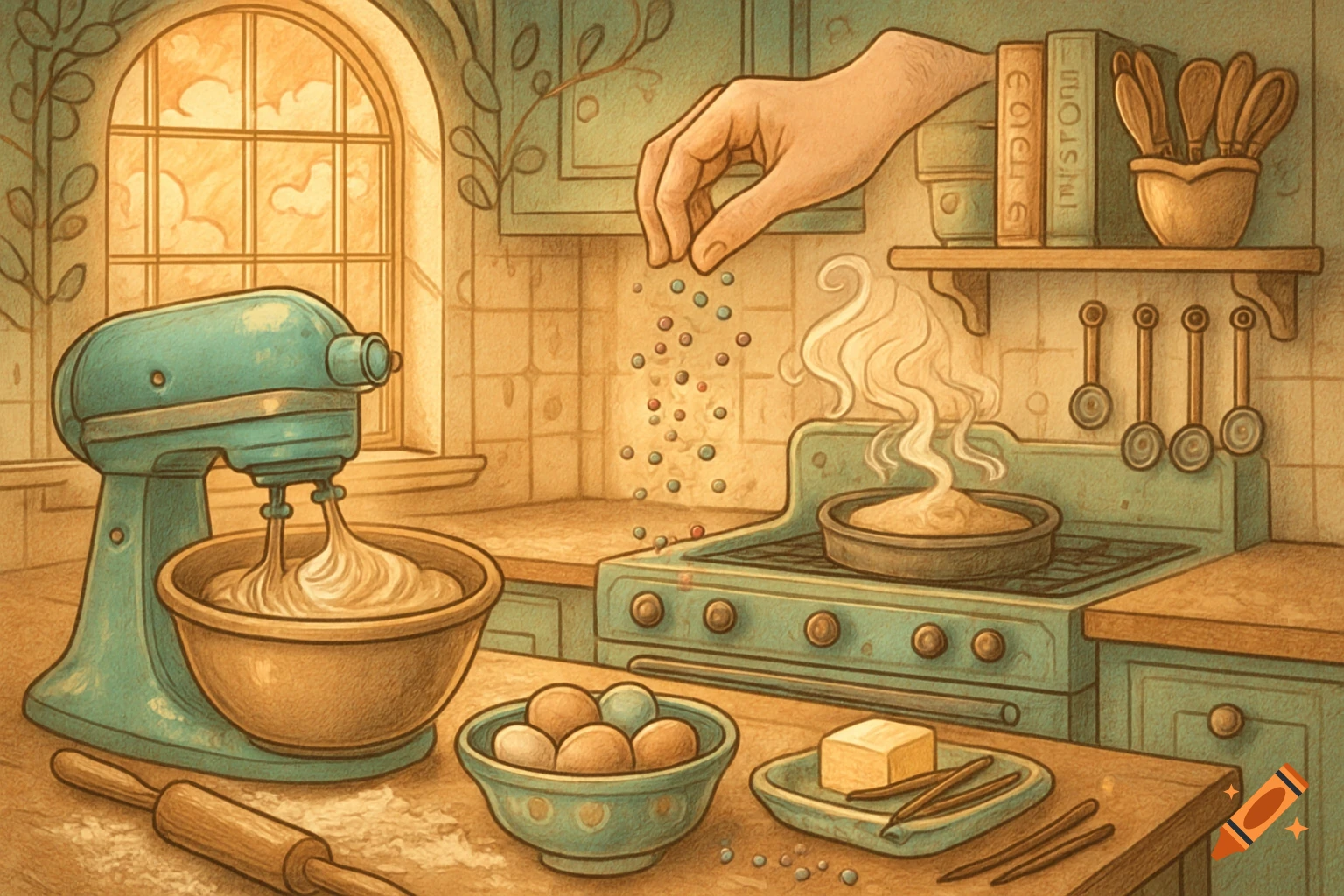 A stylized illustration of a kitchen with a hand sprinkling sprinkles, a stand mixer, eggs, butter, and a pot steaming on the stove.
