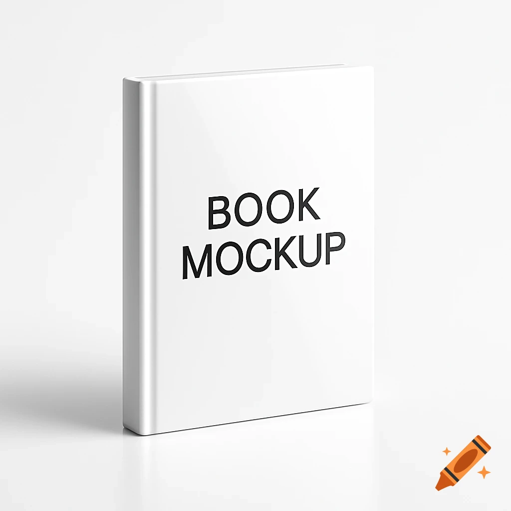 A white, upright book mockup with rounded edges stands on a reflective white surface. The cover displays the black text "BOOK MOCKUP".