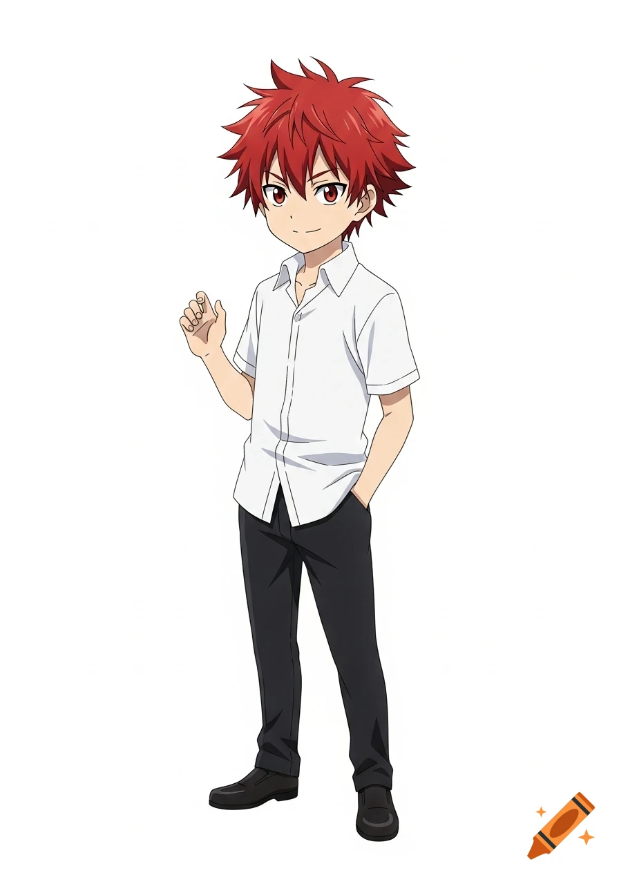 Anime boy with red, messy hair, wearing a white short-sleeved shirt and black pants, standing against a white background.