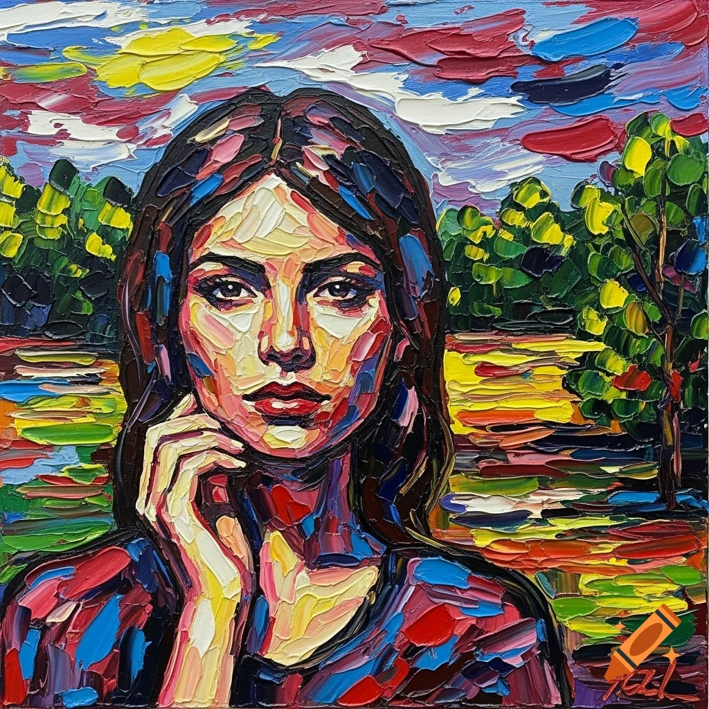 Expressionistic acrylic painting of a woman with dark hair, rendered with thick impasto strokes, against a vibrant, abstract landscape.