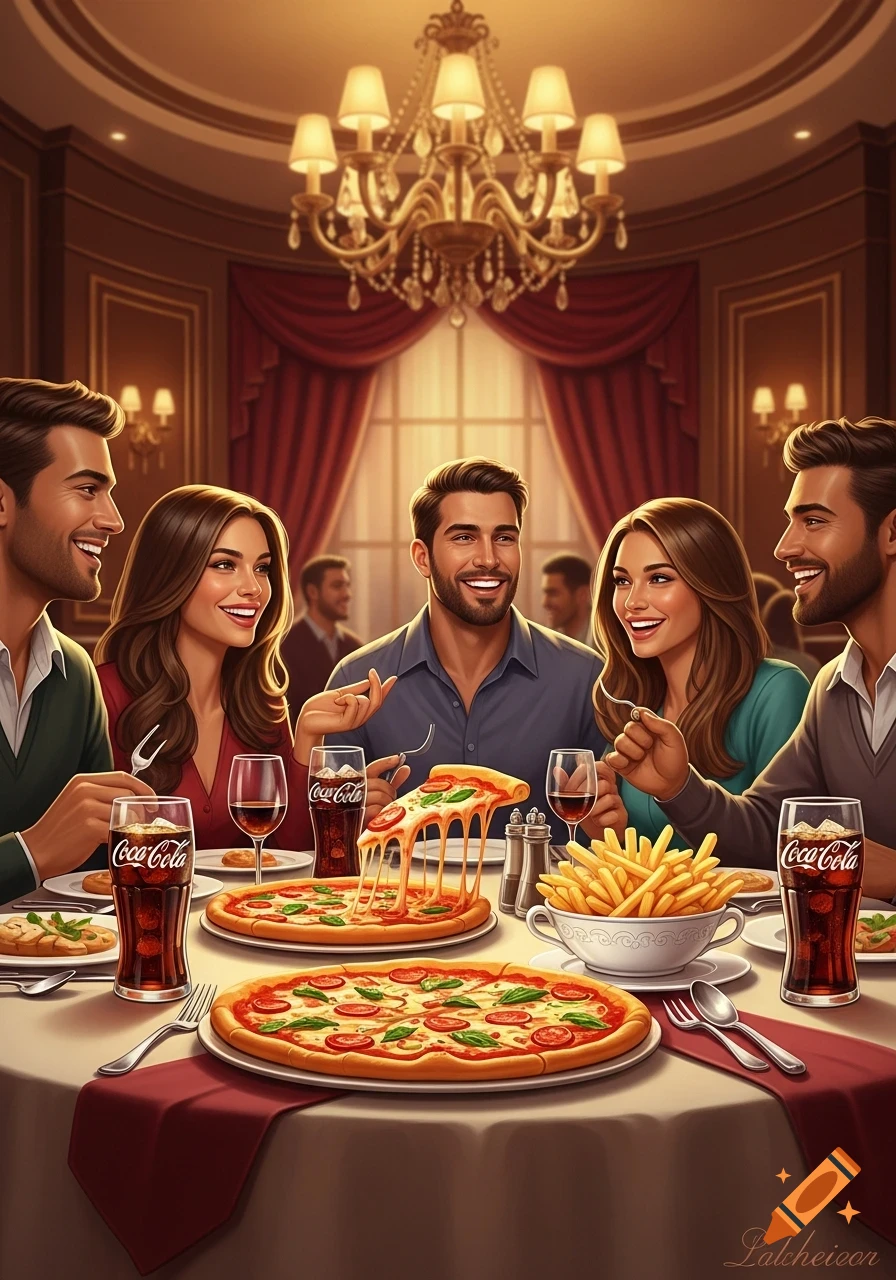 Smiling friends enjoying a meal of pizza, french fries, and Coca-Cola at a lavish restaurant with chandeliers.