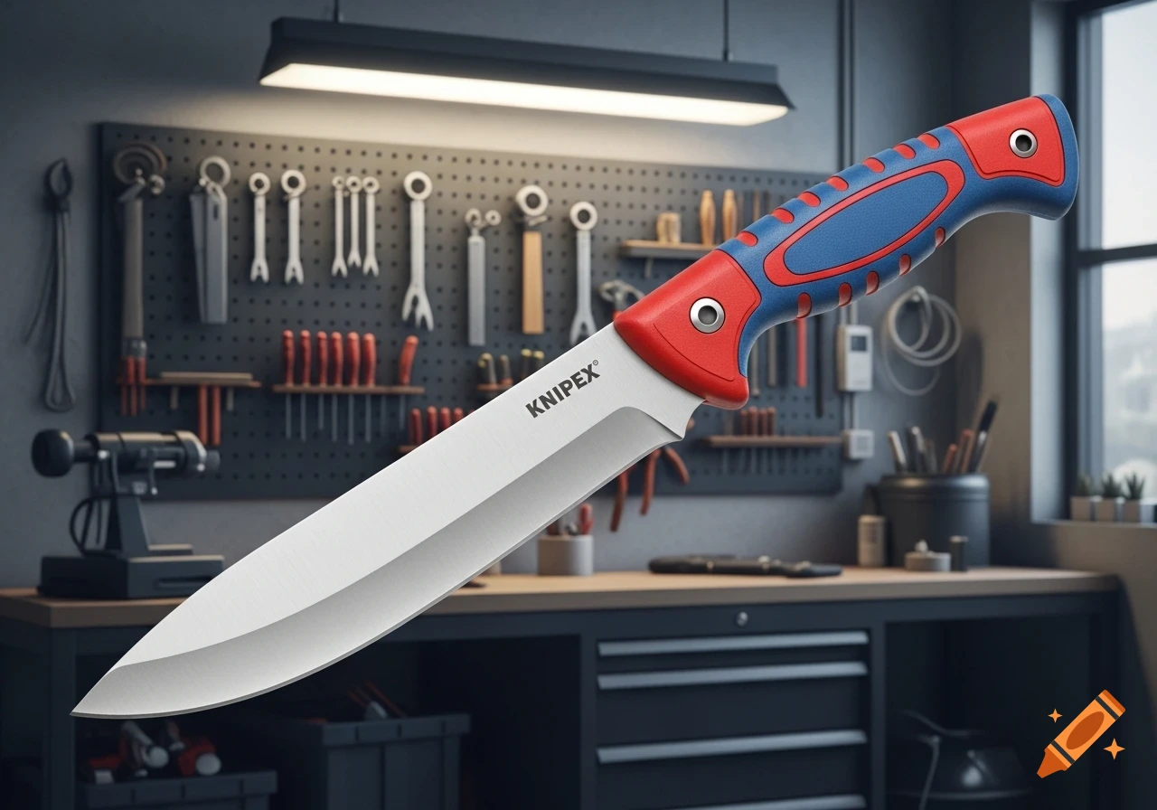 A close-up, angled shot of a Knipex machete with a red and blue handle, against a blurred workshop background with a pegboard of tools.