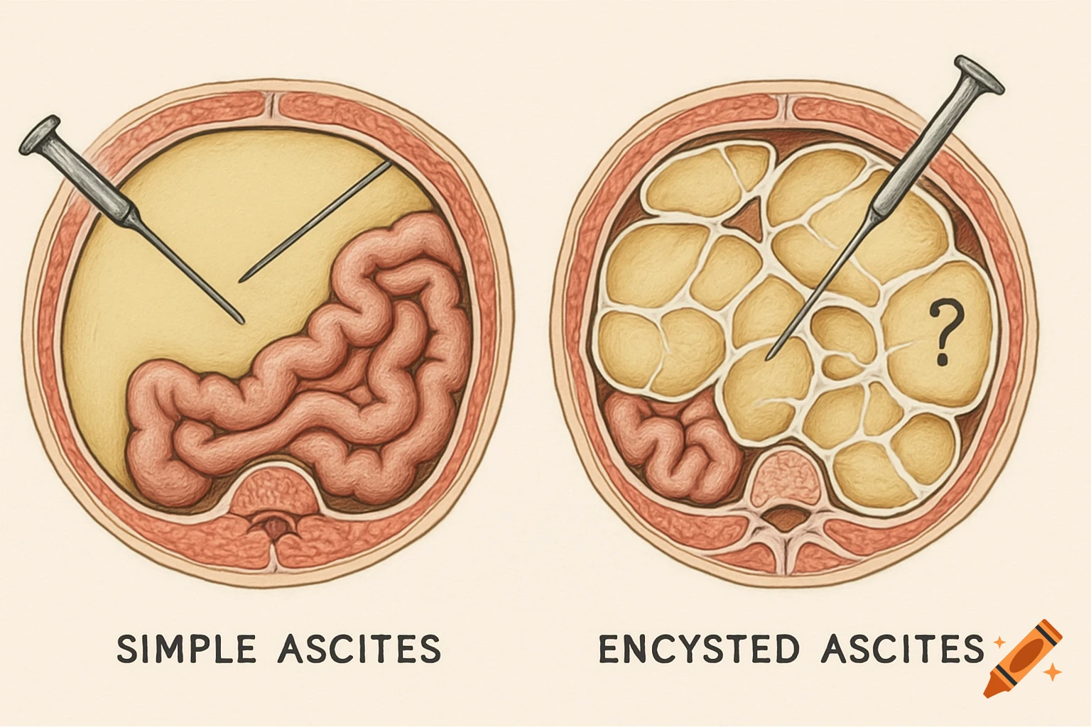 Medical illustration comparing simple ascites with a freely moving needle and encysted ascites where the needle is blocked by compartments.