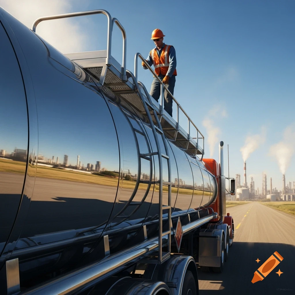A worker in a hard hat and vest stands on a reflective tanker truck on a road leading to an industrial complex under a clear blue sky.