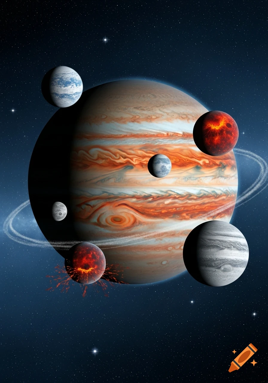Jupiter, with its prominent bands and faint rings, surrounded by multiple diverse moons, set against a starry cosmic background.