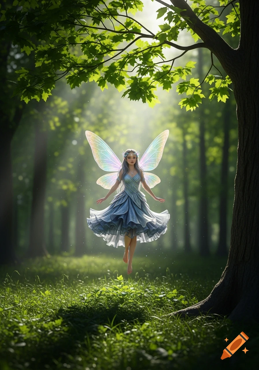 A fairy with iridescent wings and a blue dress floats gracefully in a sunlit forest clearing under green tree branches.