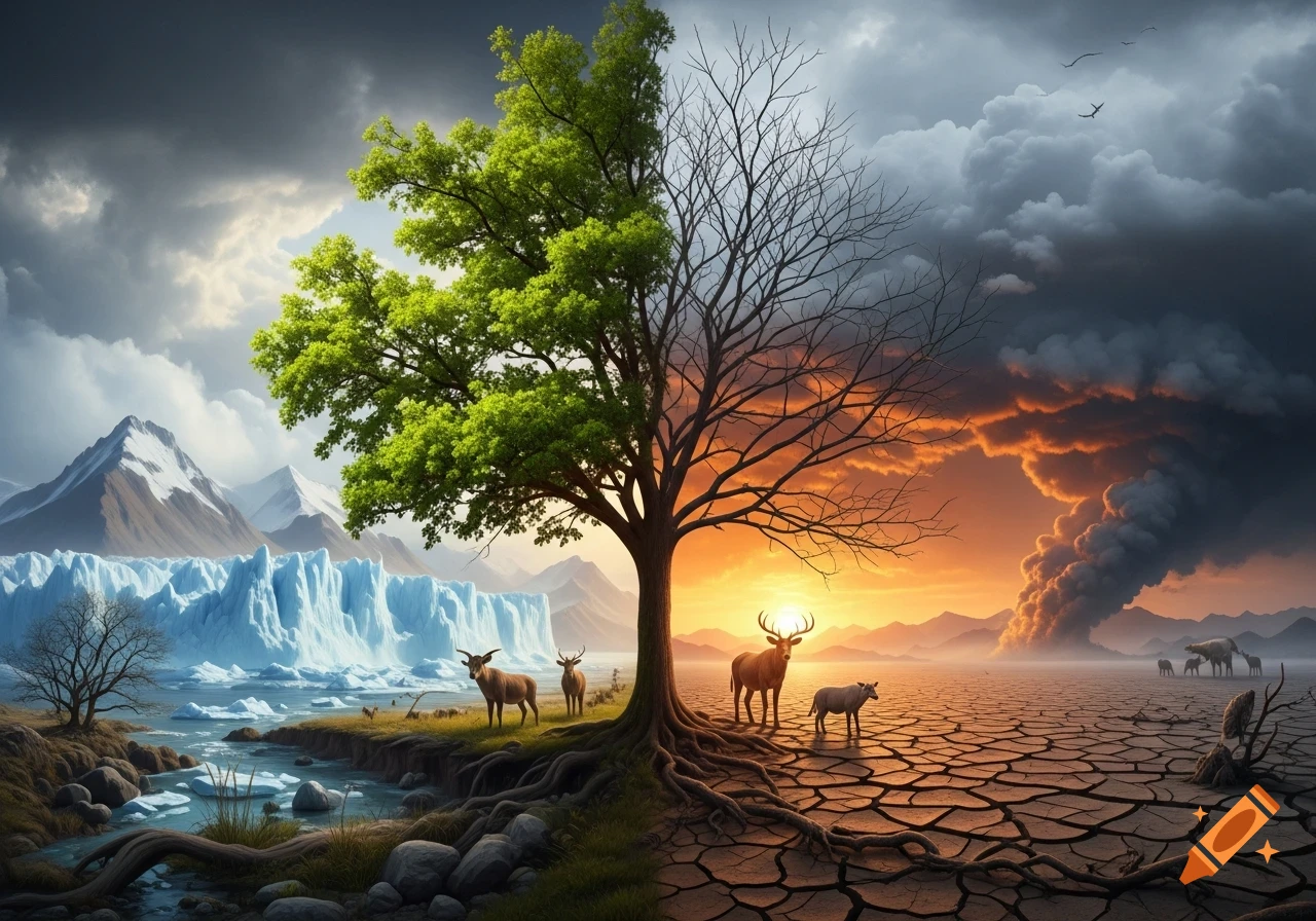 A single tree, half lush and green over a vibrant glacial landscape, half barren over a cracked, dry desert with a smoky sky, symbolizing climate change.