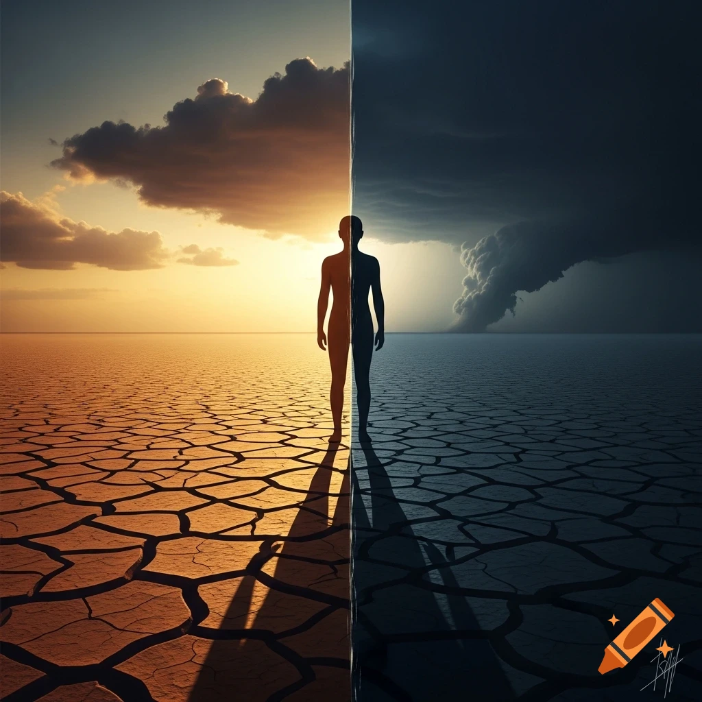 A lone figure stands on cracked earth, half illuminated by a sunset sky, half shrouded in dark storm clouds, symbolizing a struggle.