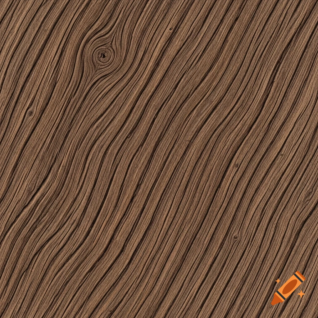 A close-up, top view of a dark warm brown, warped, old wooden surface with deep, flowing grain texture and a knot.