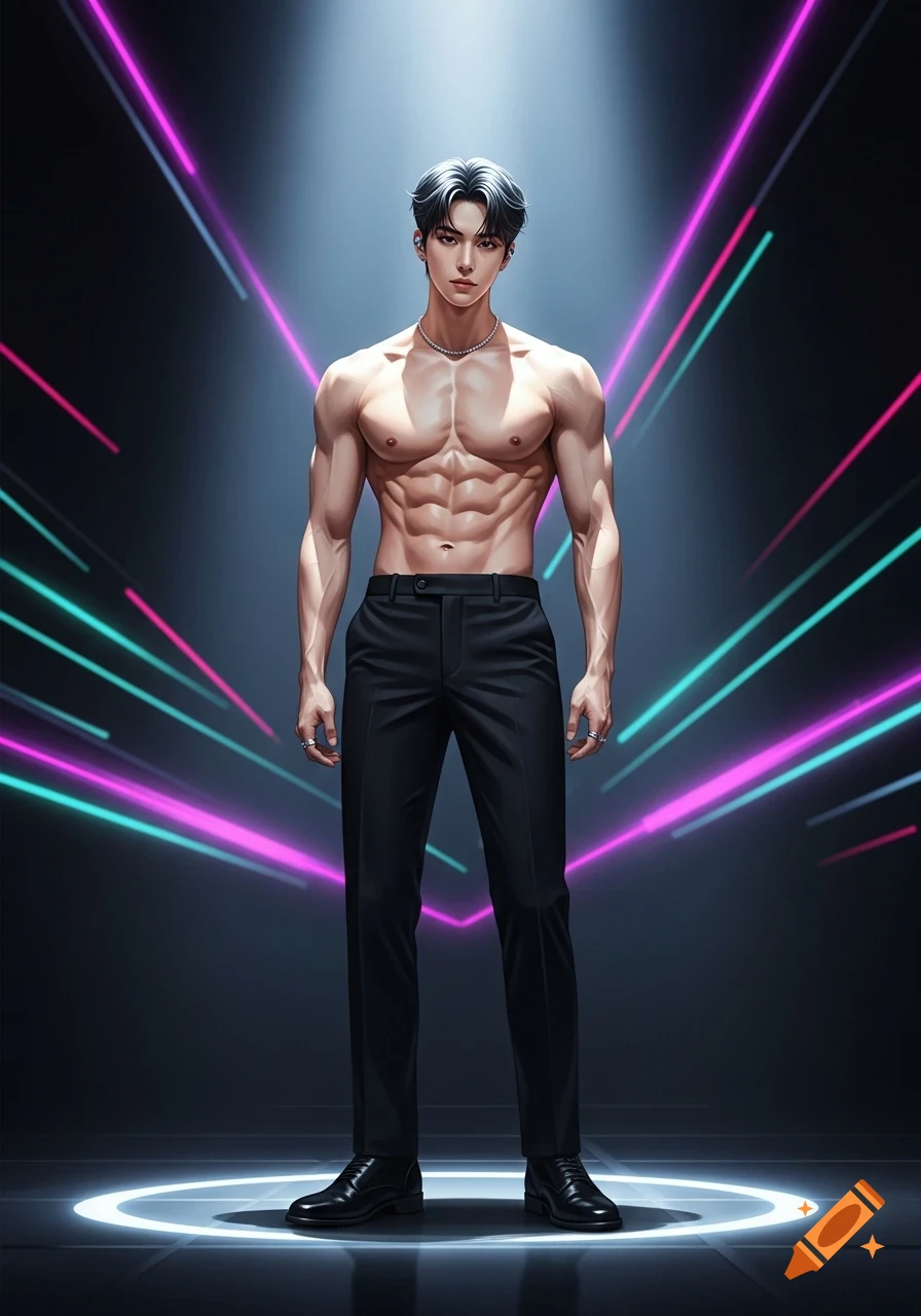 Stylized illustration of a muscular Kpop idol-like man, shirtless in black suit pants, standing in a spotlight with neon lights.