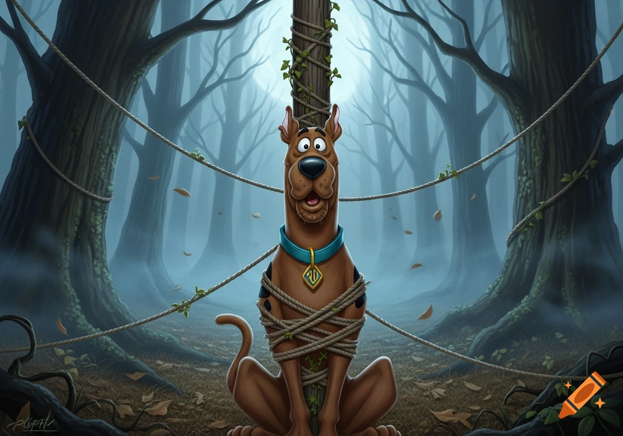 Scooby Ropes Scooby Doo, tied to a wooden pole with ropes and ivy, sits in a misty ...