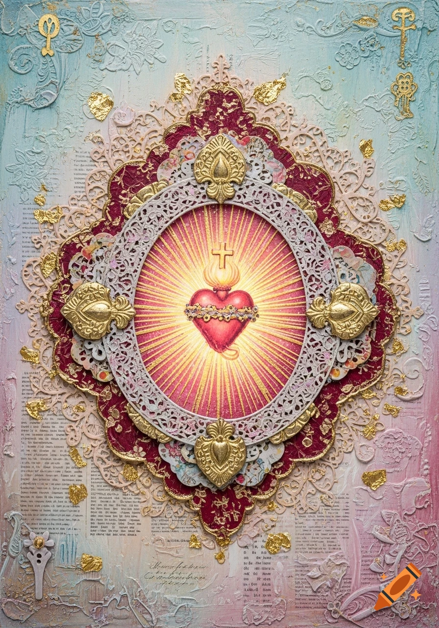 A detailed mixed media collage featuring a glowing Sacred Heart with a cross, encircled by intricate lace, gold leaf, and vintage paper textures in soft pastel and crimson tones.