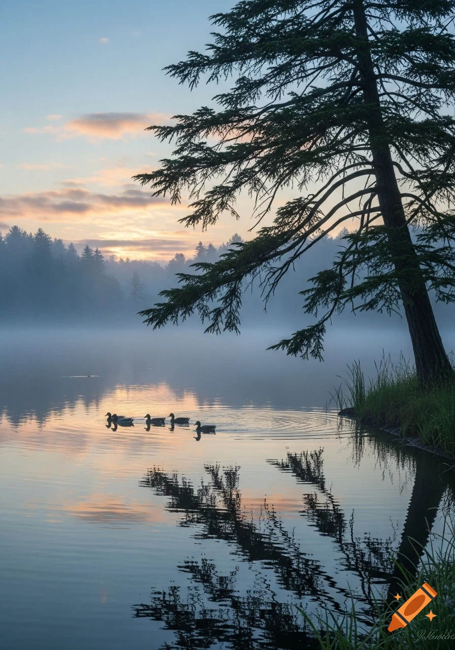 A tranquil misty lake at sunrise with ducks swimming in a line, reflecting the sky and a large tree on the right.