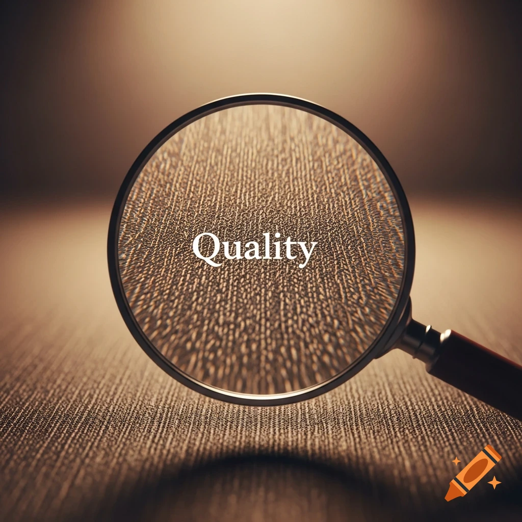 A magnifying glass focusing on the word "Quality" on a textured, brown surface, illuminated by a warm light.