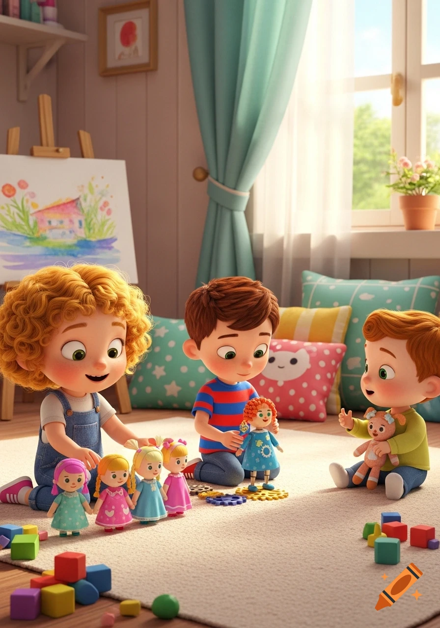 Three cartoon children play with dolls and colorful blocks in a bright, cozy room with a window and a painting.