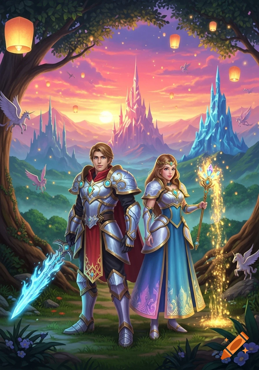 A prince in armor with a glowing sword and a princess with a magic staff stand in an enchanted forest with castles and unicorns at sunset.