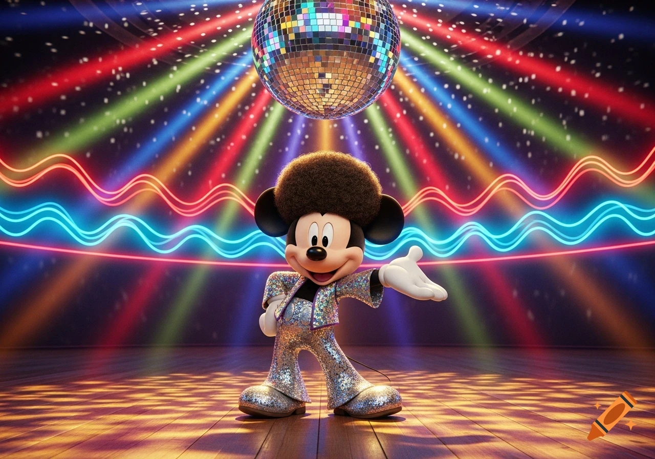 Afro Mickey Mouse in a sparkly disco outfit poses under a disco ball and colorful lights on a dance floor.