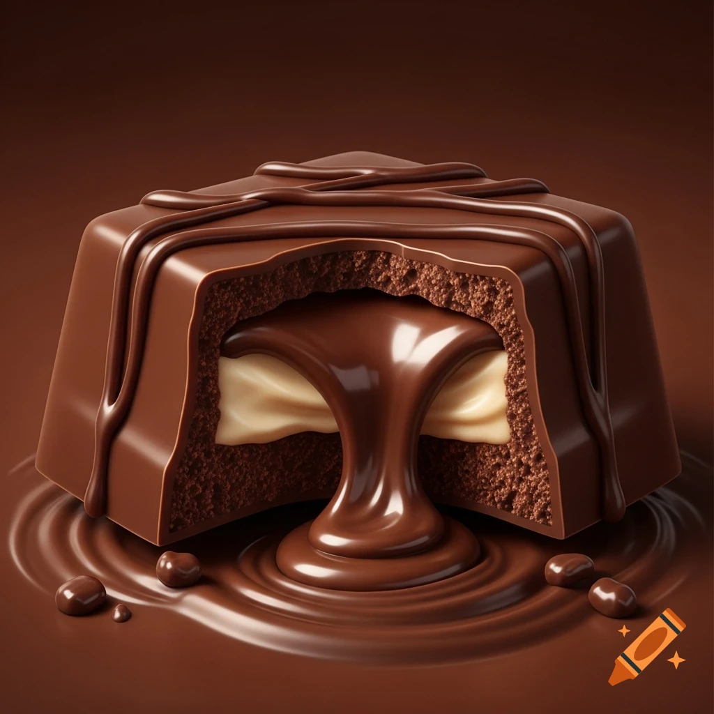 Photorealistic close-up of a square chocolate candy cut open, revealing creamy white and gooey milk chocolate filling oozing out.