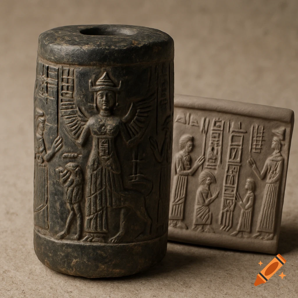 A dark cylindrical Akkadian seal with a winged goddess and worshippers, next to a lighter clay impression of the scene.