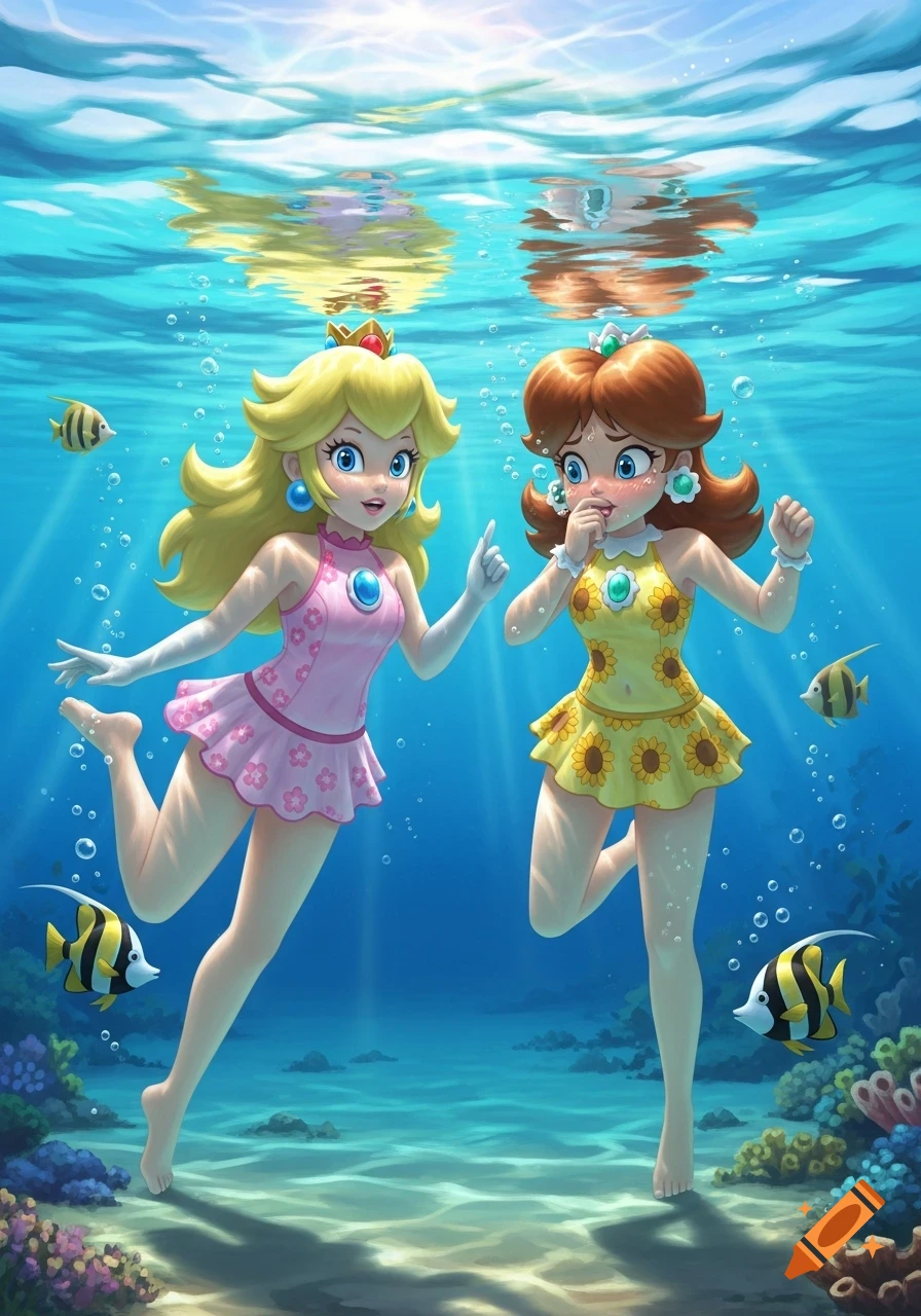 Princess Peach and Daisy in swimwear underwater, with Daisy struggling to hold her breath amidst fish and coral, in an anime style.