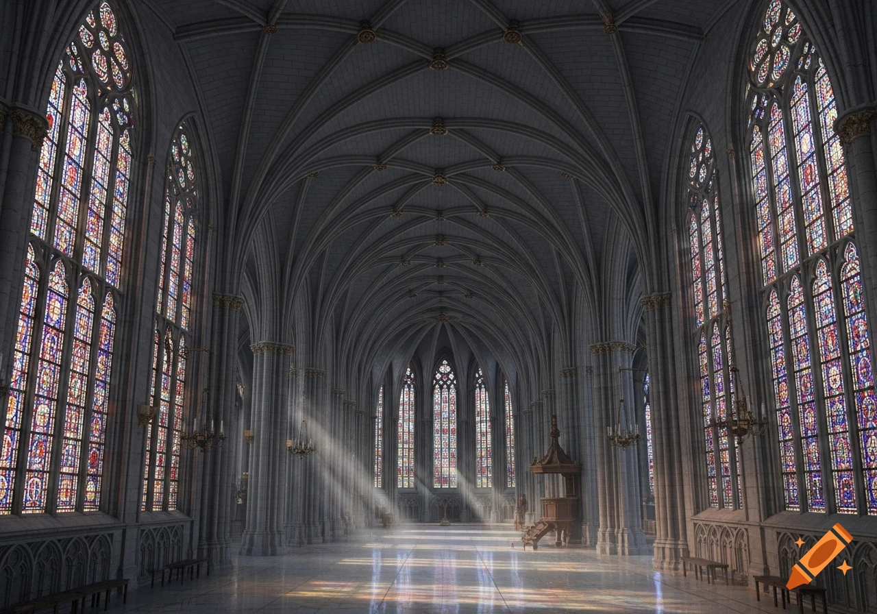 Grand Gothic cathedral interior with soaring vaulted ceilings, rows of ornate stained-glass windows, and sunbeams illuminating the marble floor.