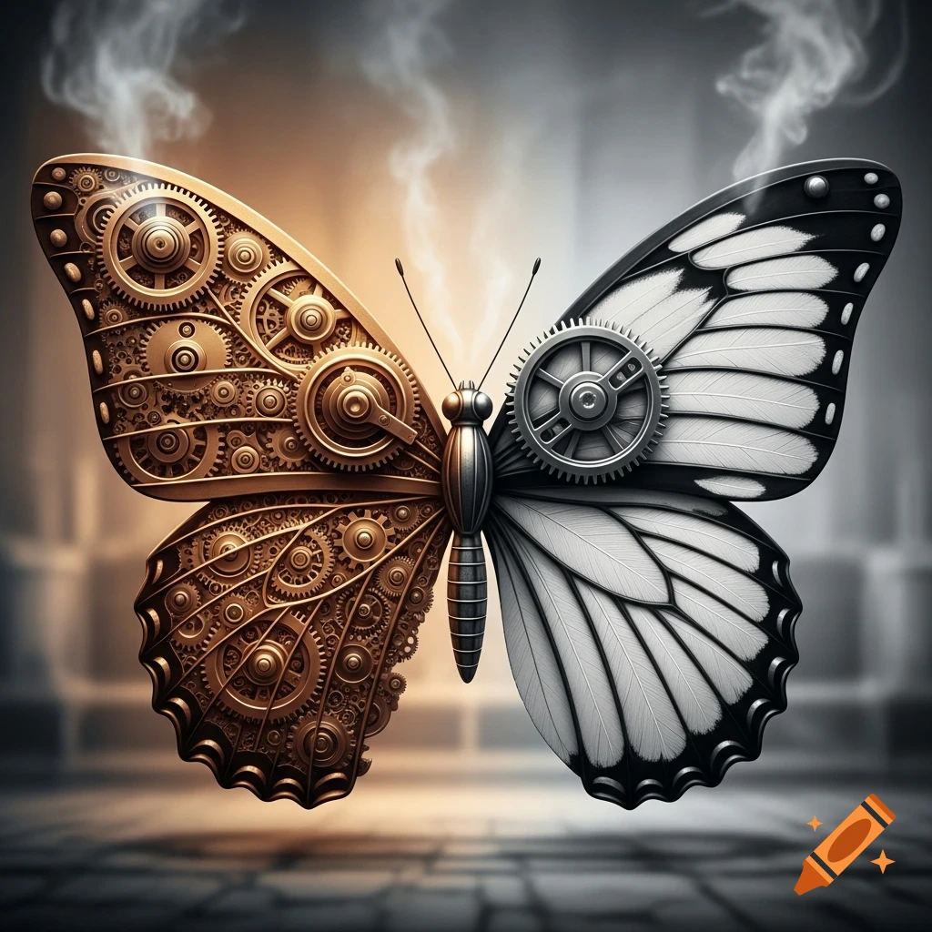 A detailed steampunk butterfly with one half made of brass gears and cogs, and the other a black and white wing, against a smoky background.