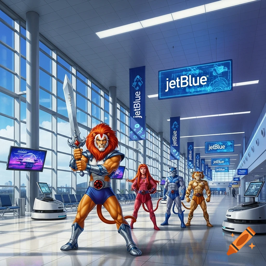 Thundercats characters, including Lion-O, Cheetara, Panthro, and Tygra, stand in a modern JetBlue airport terminal holding a sword.