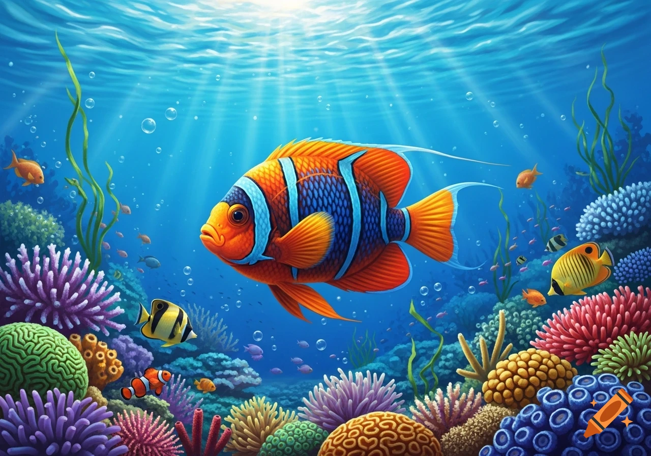 A vibrant orange and blue clownfish swims through a colorful coral reef with sun rays shining through the clear blue water.