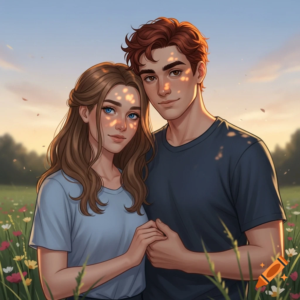 An illustrated couple, a woman with blue eyes and brown hair and a man with red hair, hold hands in a sun-dappled field.