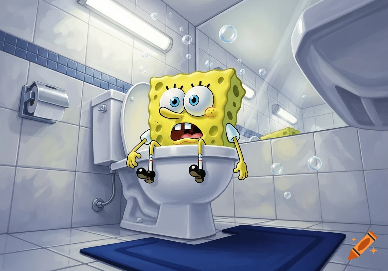 SpongeBob SquarePants with a shocked expression, sitting on a toilet in a tiled bathroom with floating bubbles.