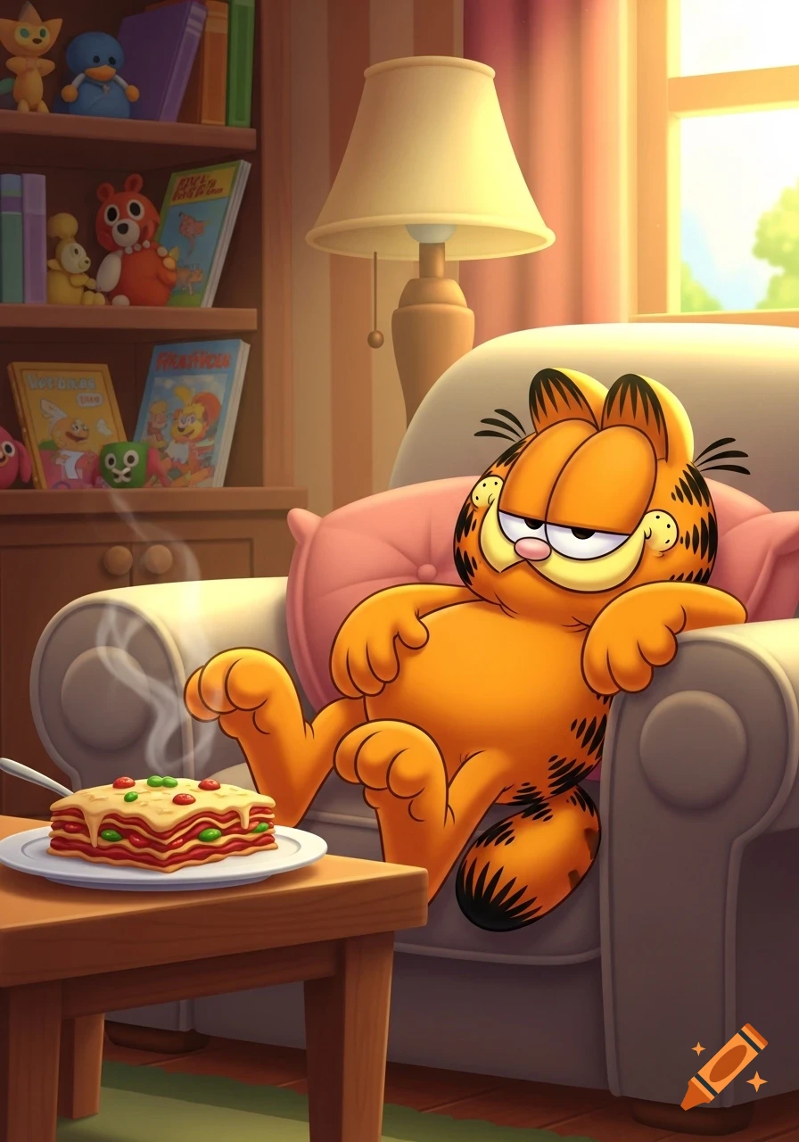 Cartoon Garfield relaxes in an armchair with a steaming plate of lasagna next to him, a bookshelf in the background.