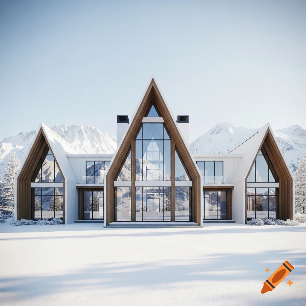A modern A-frame house with wood and glass exterior stands in a vast snowy mountain landscape under a clear sky.