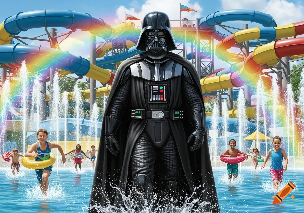 Darth Vader stands dramatically in the splashing water of a sunny, colorful waterpark as children play and run around him.