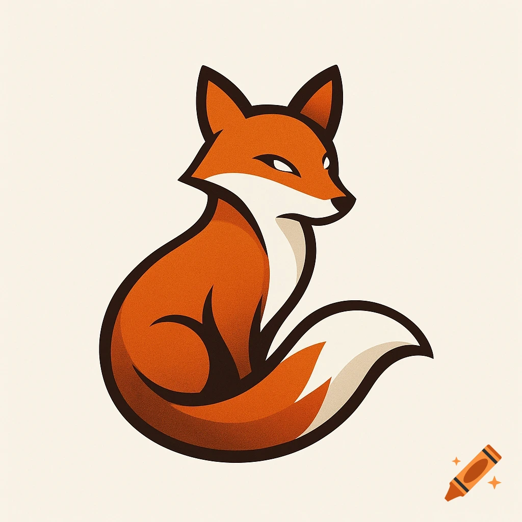 A minimalist, stylized logo of an orange fox with white accents, sitting and looking right on a light background.