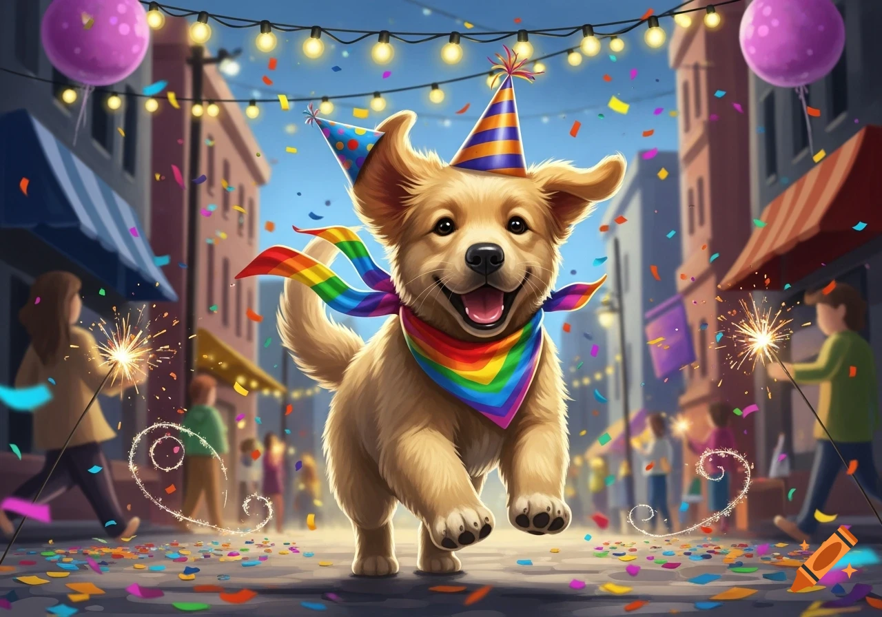 A happy golden retriever puppy in a party hat and rainbow bandana runs through a festive street with confetti, balloons, and sparklers.