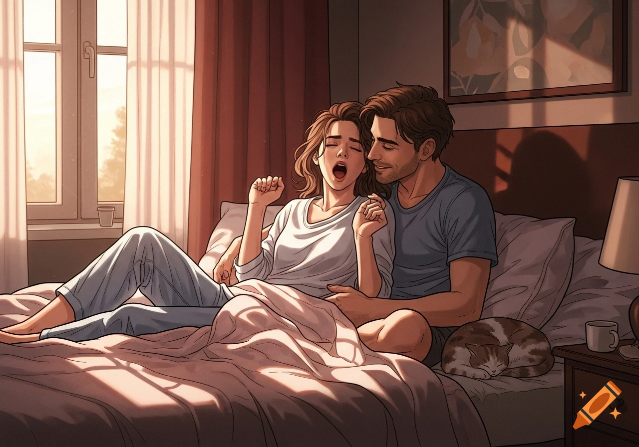 Illustrated couple waking up in a sunny bedroom, woman yawning, man smiling, a cat sleeps beside them.