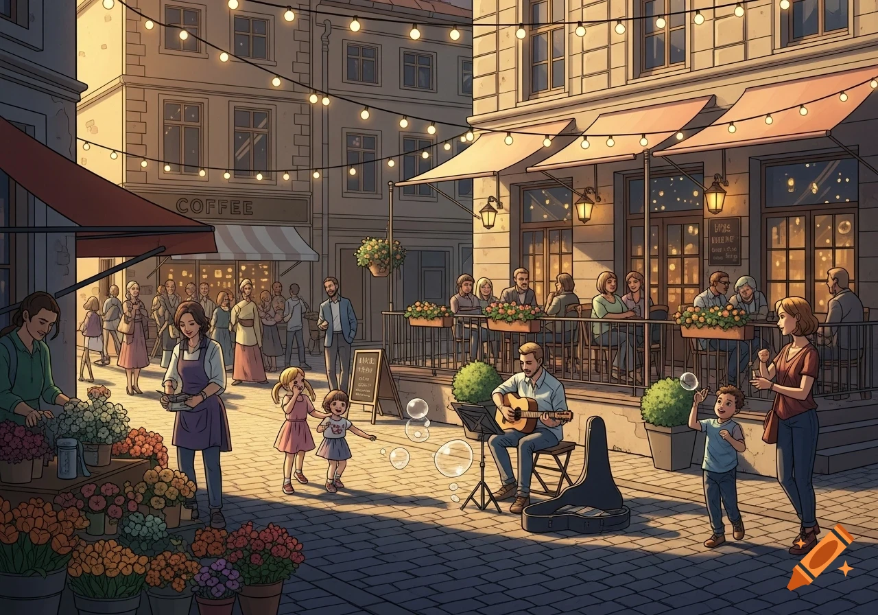 Lively street scene at dusk with string lights. People at a cafe, a musician playing, children blowing bubbles, and a flower vendor. Illustration.