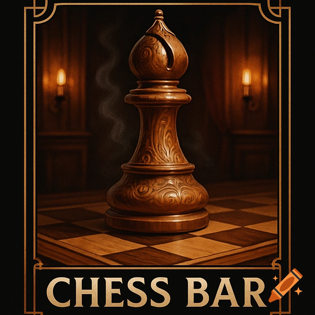 A wooden chess bishop stands on a chessboard in a dimly lit, elegant room, framed by a golden art deco border. Below, golden text reads "CHESS BAR".
