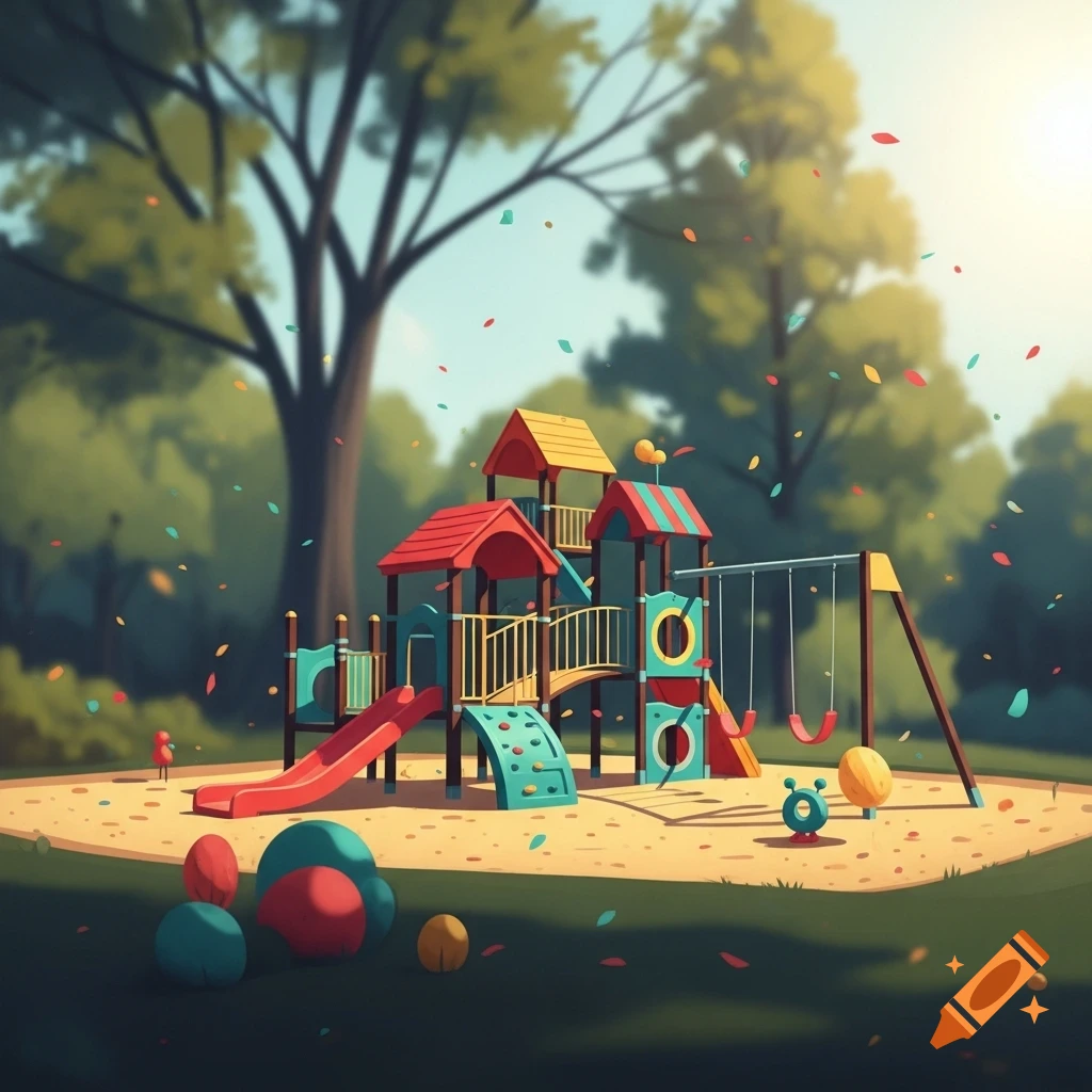 A colorful, stylized illustration of an empty playground in a park with slides, swings, and climbing structures, with falling confetti.