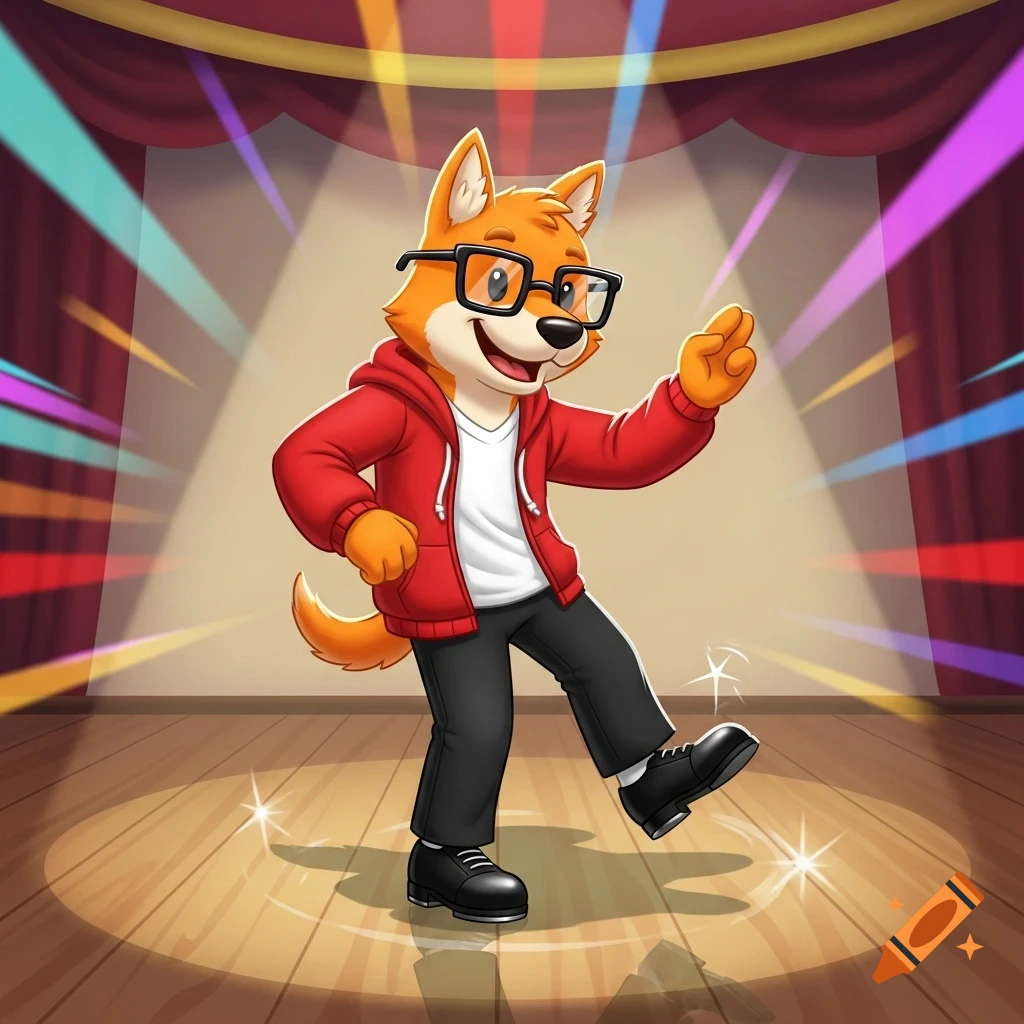 An anthropomorphic orange cartoon dog wearing glasses, a red hoodie, and black pants, tap dancing on a spotlighted stage.